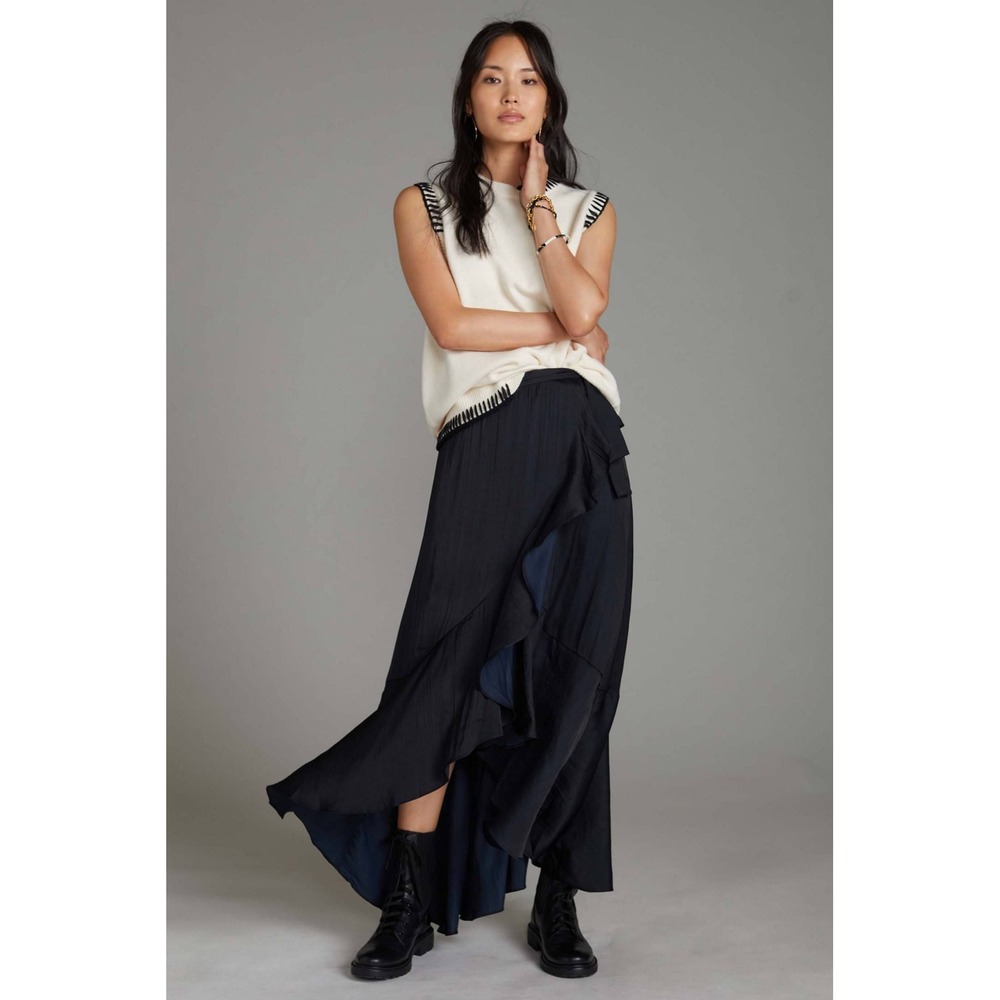 Maeve Anthropologie Black Ruffle Wrap High-Low Maxi Skirt Midnight Blue XS